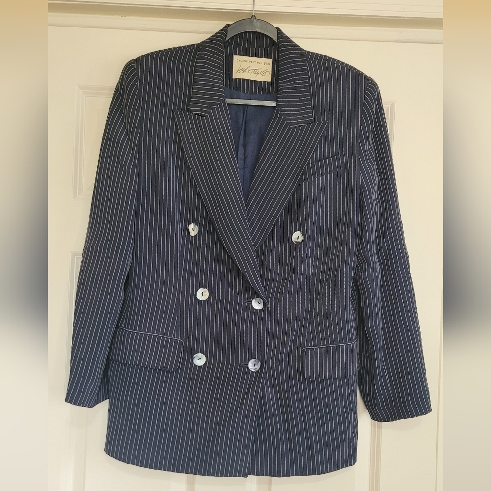 Lord & Taylor Navy Pinstripe Double-breasted Silk Blazer - Size 8